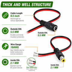 Lot 18AWG DC Power Pigtail Cable Plug 12V 5A Male & Female Pack 2.1mm x 5.5mm