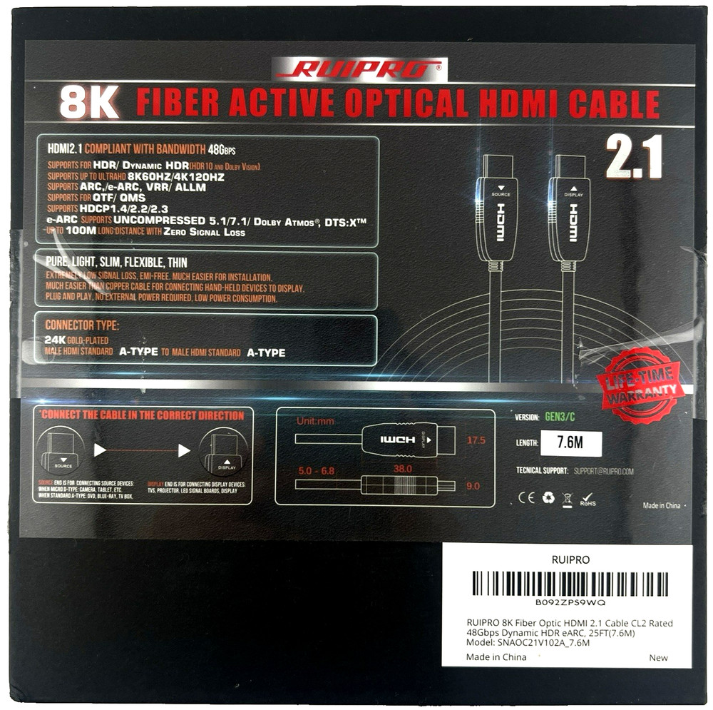RUIPRO 8K Fiber Optic HDMI 2.1 Cable 25FT/7.6M 48Gbps 4K120Hz CL2 Rated