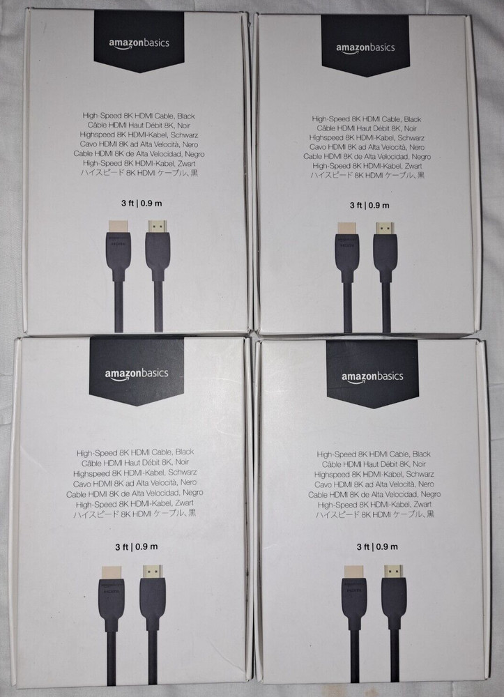 Pack of 4: Amazon Basics High-Speed HDMI Cable (48Gbps, 8K/60Hz) – 3 Feet, Black