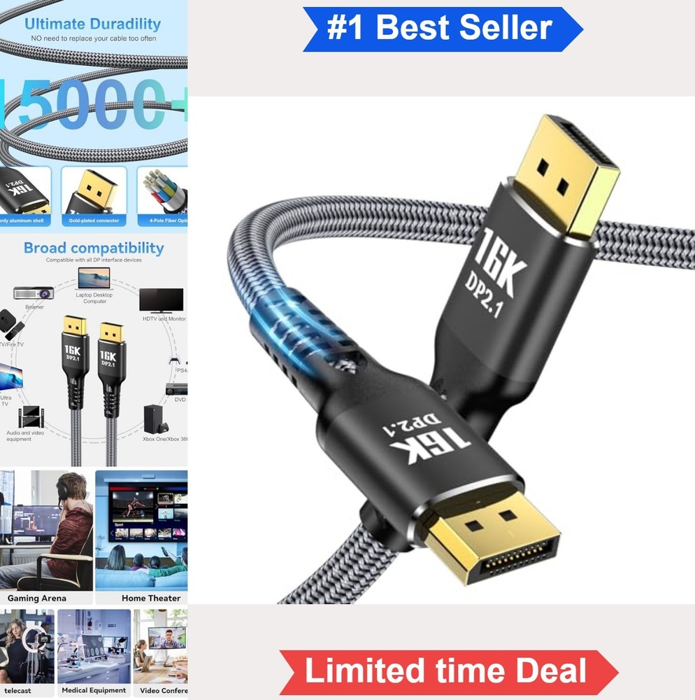 DisplayPort Cable 2.1 10FT 80Gbps 16K 60Hz 8K 120Hz 4K 240Hz HDR10 HDCP Braided