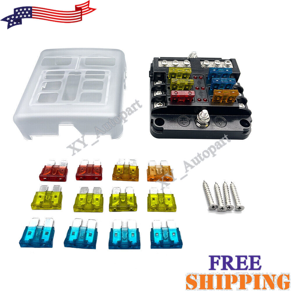 6Way Car Boot Power Distribution 12/24V Blade Fuse Holder Box Block Panel Board