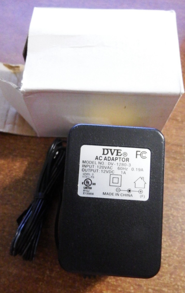 DVE DV-1280-3 AC Adpater Output 12VDC 1000mA Input 120VAC 60Hz 16W