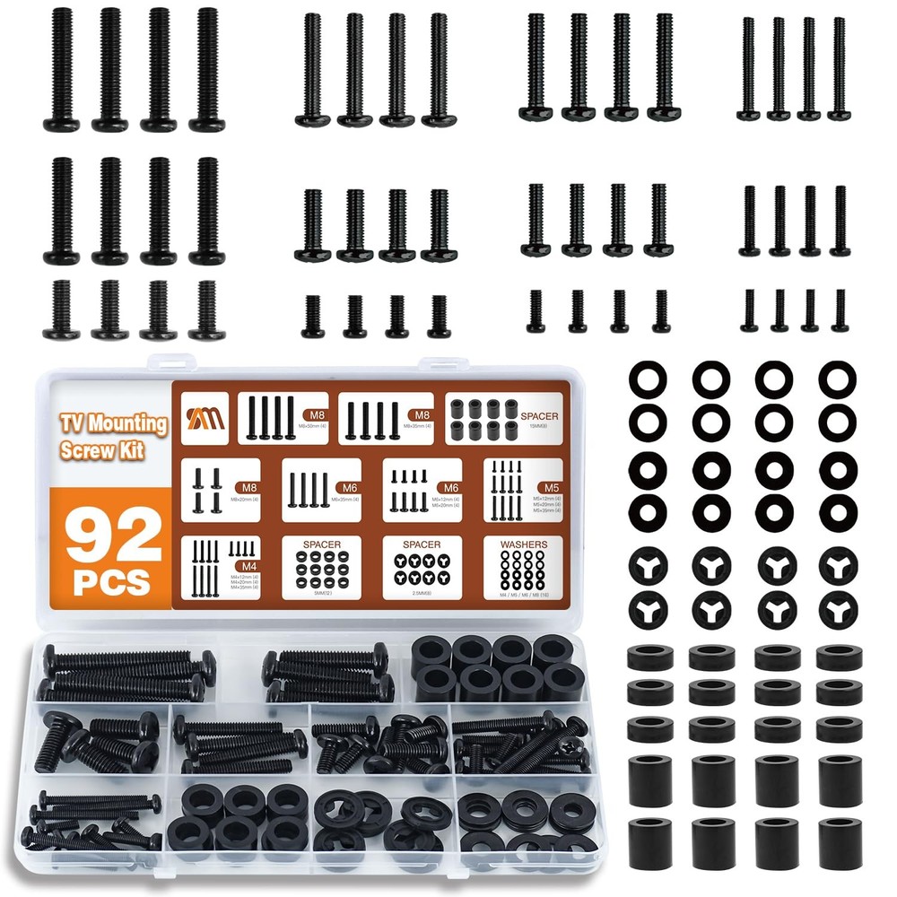 92PCS Universal TV Mounting Hardware M4-0.7, M5-0.8, M6-1.0, M8-1.25, Black