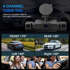 360° 4 Channel 1080P HD Car Dash Cam Front and Rear Inside Left Right + Camera