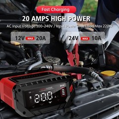 20-Amp Smart Car Battery Charger,12V/20A 24V/10A.Lithium,Lifepo4,Lead-Acid AGM
