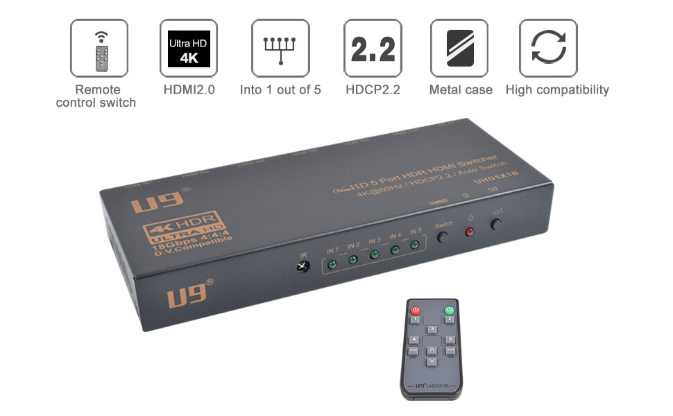 U9 ViewHD 4K60Hz 5 Port HDMI v2.0 4K 5×1 Switch 18Gbps HDR Dolby Vision UHD5X1B