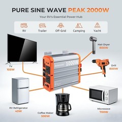 1000W Inverter Pure Sine Wave Power 12V to 110V/120V, 2 AC USB&Type-C 30W, 2 LCD