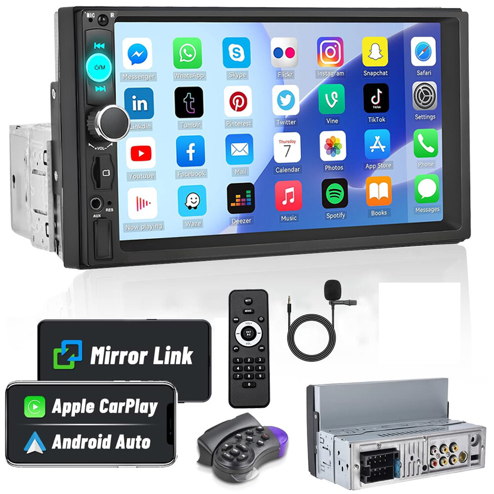 Single 1Din 7″ Touch Screen Stereo Bluetooth Radio Car Apple/Android Carplay GPS