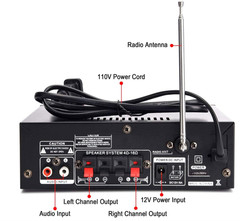 Amplificador Bluetooth 5.0 de 2 canales con USB, FM, RCA y mando a distancia.