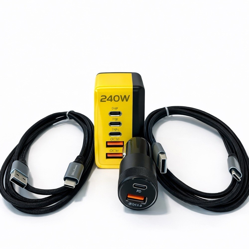240W GaN Fast Charger Bundle USB-C PD QC3.0 Car Charger 2 Cables Set 6 Ft