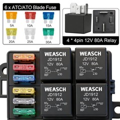 12V 6 Way Fuse Relay Box, 4×4-Pin 80Amp Relays and 6 ATC/ATO Blade Fuses, for Ca