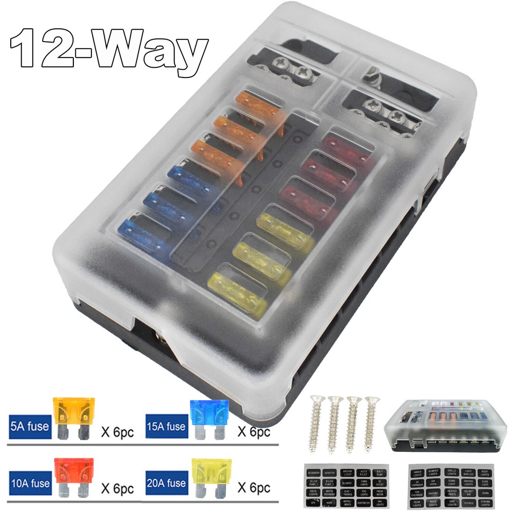 12-Way Blade Box Fuse Block Marine FuseBox Auto Holder 12V Bus Bar 32V Car Kit