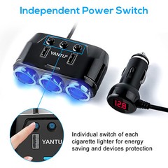3 Way Cigarette Lighter Socket Splitter, Dual USB Car Charger, Power Adapter 12V