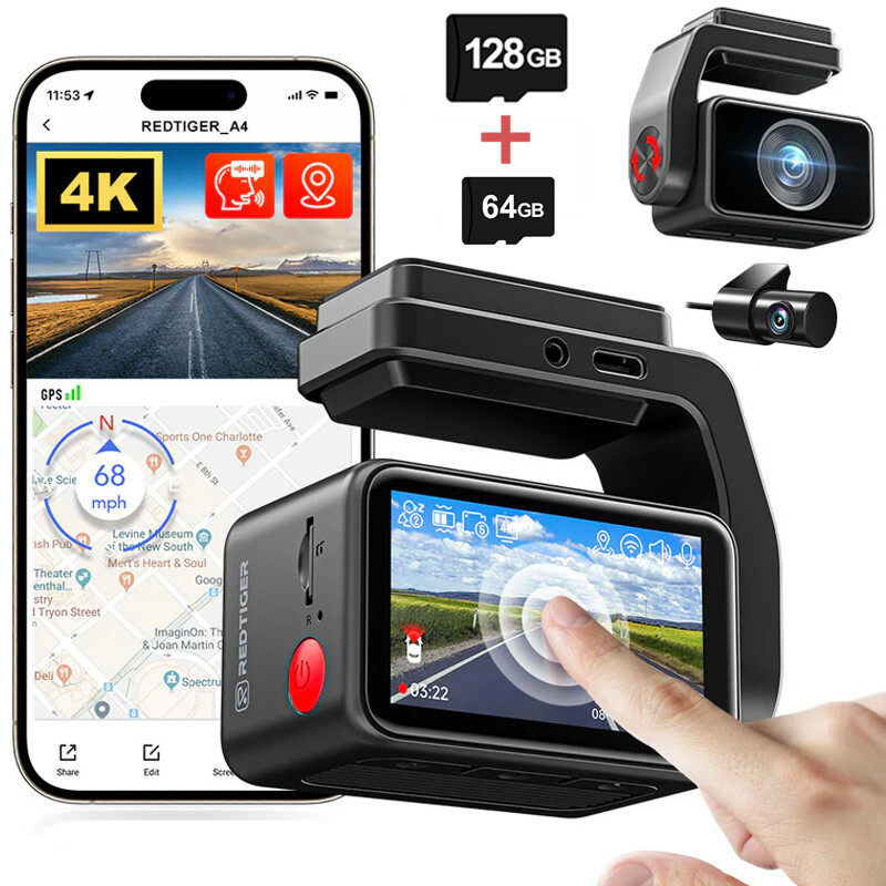 REDTIGER 64+128G A4 Dash Cam Front and Rear 4K Dash Camera 2″ Touch Screen