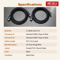 HDMI Cable 6FT 4K 2 Pack High Speed for TV Monitor PS5 PS4 Xbox Roku Fire Stick
