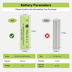 .2V AA 700Mah Nimh Rechargeable Battery, 12 Pack Double a Solar Lights Battery f