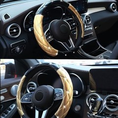 Black Gold Leather Bling Steering Wheel Cover, Anti-Slip Ste Color: Black Gold
