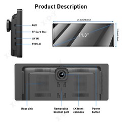 11.3″ Portable Dash Cam Wireless Apple CarPlay Android Auto Car Stereo microSD