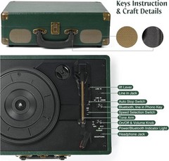 Vintage Dark Green Bluetooth Record Player – Portable 3-Speed Suitcase Turntable