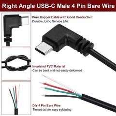 2 Pcs 0.25M/0.8Ft Right Angle Type C Male Plug Wire Cable 28AWG 12V 3A 4 Pin