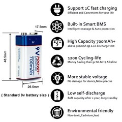 700mAh 9V 6F22 NIMH Rechargeable Batteries/ Optional 9 Volt Battery Charger Lot