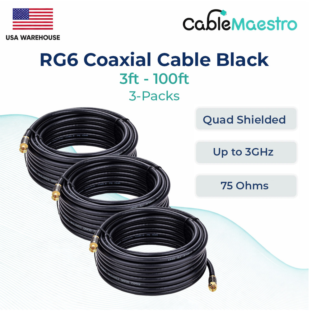 3-Pack Black RG6 Quad Shield Coax Cable 75 Ohm TV Antenna Internet 3ft–100ft Lot