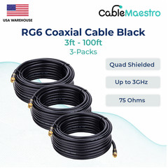 3-Pack Black RG6 Quad Shield Coax Cable 75 Ohm TV Antenna Internet 3ft–100ft Lot