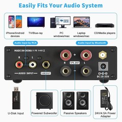 Bluetooth 5.0 Stereo Audio Receiver Amplifier 320W 2.1CH Mini Hi-Fi Class D Amp