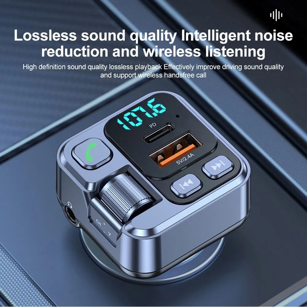 Bluetooth 5.1 FM Transmitter Car Charger – 20W PD Fast Charging & Hands-Free Mic