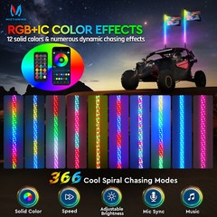 3FT RGB Spiral LED Whip Light w/ APP Control For Polaris RZR/ Can-Am/ Honda UTV