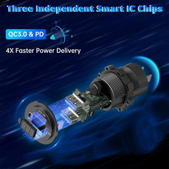 12-24V Dual USB Car Fast Charger Socket QC3.0 Port & PD Voltmeter Boat Marine RV