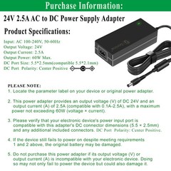 24V 2.5A DC Power Supply Adapter, 60W AC 100-240V 50-60Hz to 24Vdc 2.5Amps Tr…