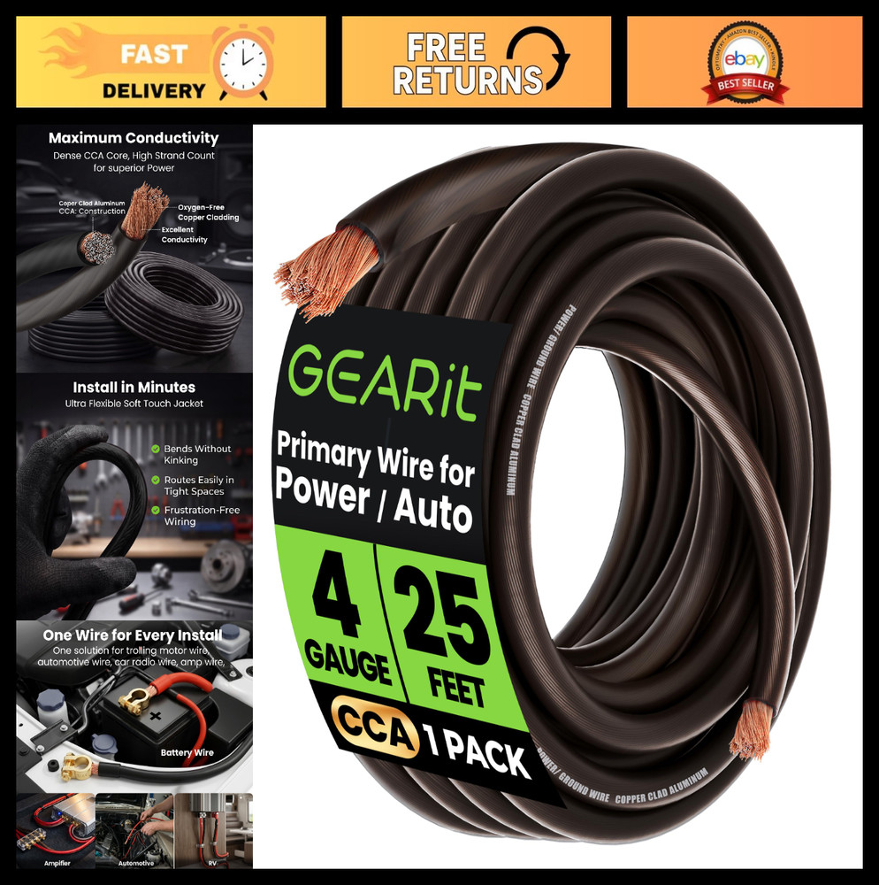 4 Gauge 25ft Black Automotive Wire – Copper Clad Aluminum Power/Ground Cable, Ca