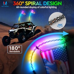 3FT RGB Spiral LED Whip Light w/ APP Control For Polaris RZR/ Can-Am/ Honda UTV