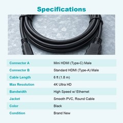 Mini HDMI to HDMI Cable 6 FT 4K Type-C Cord for Camcorder DSLR Camera Tablet