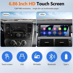 Wireless Apple CarPlay Single Din Car Stereo 6.9 Touchscreen Bluetooth Radio USB