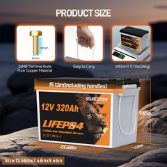 12V 320Ah Lithium LiFePO4 Battery,200A BMS for RV, Trolling Motor, Kayak, Solar