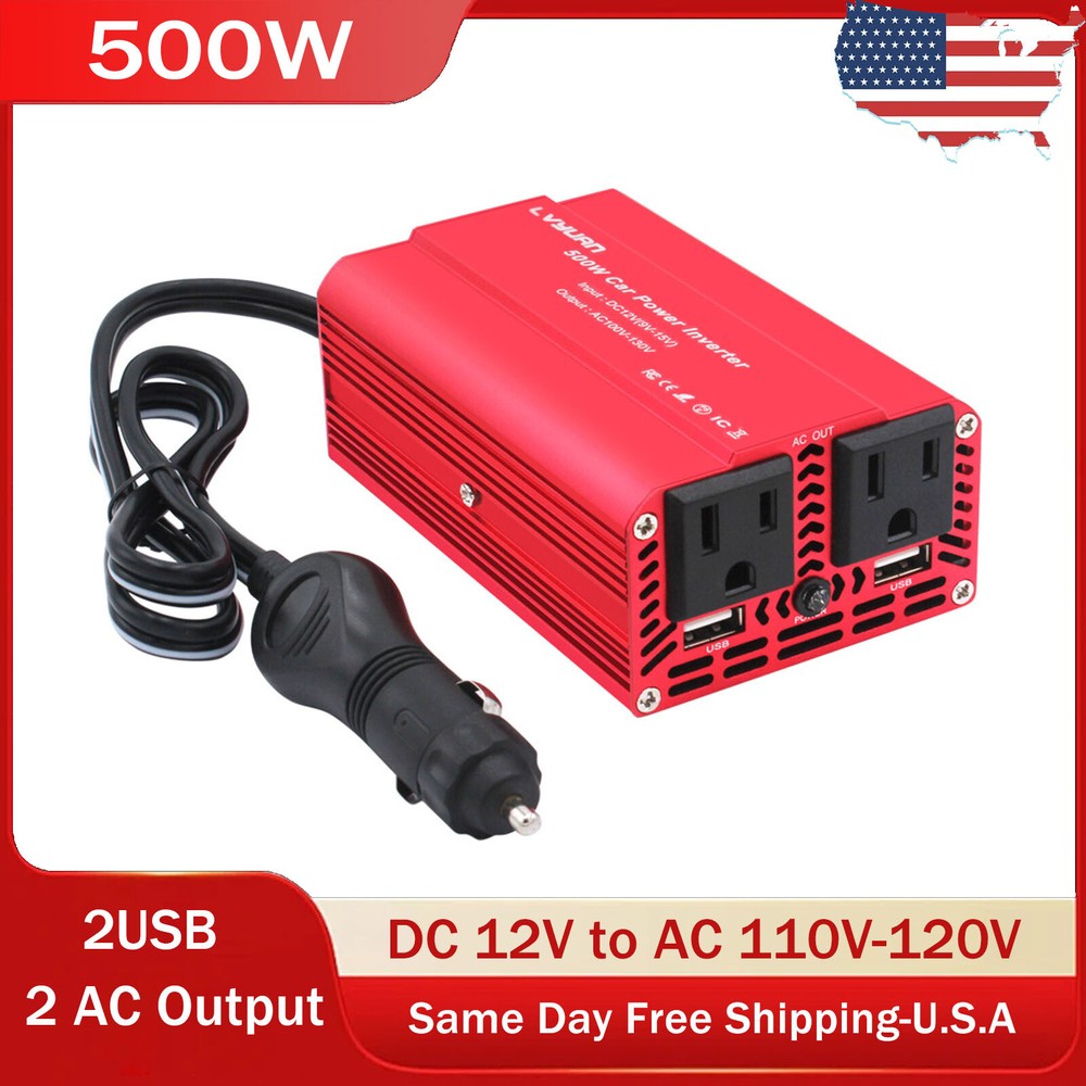 500W Car Power Inverter DC 12V to AC 110V 120V Converter With 2USB 2Sockets Red