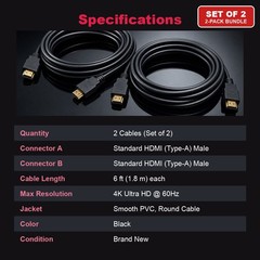 HDMI to HDMI Cable 6FT 4K Set of 2 for HDTV Monitor PS5 PS4 Xbox Blu-ray Player