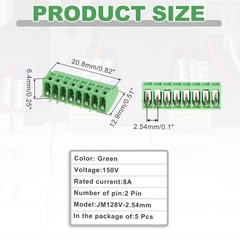 5 PCS Green 8Pin PCB Mount Screw Terminal Block Connector 2.54mm 0.1 Inch