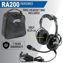 Rugged Air RA200 General Aviation Pilot Headset w/ MP3 Music Input A20 X GA Plug