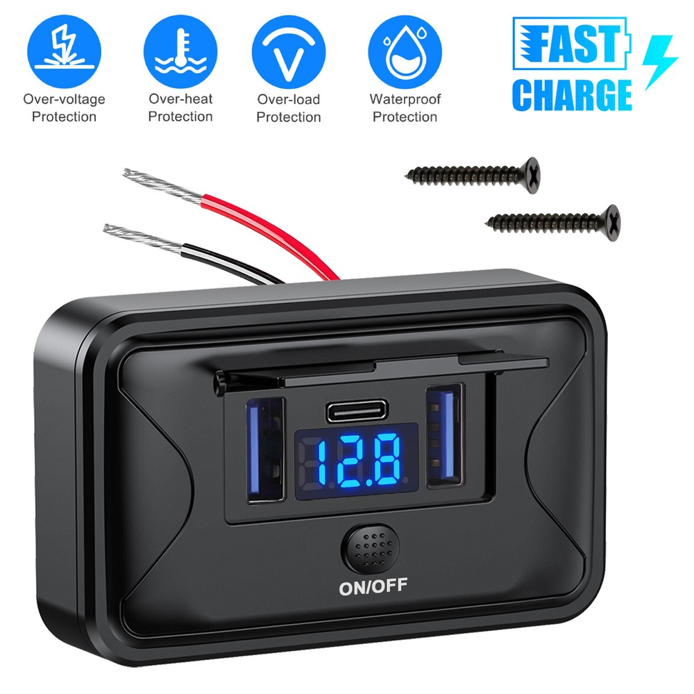 12-24V 3 Port Quick Charge QC3.0 Port & PD USB C Car Charger Socket Power Outlet