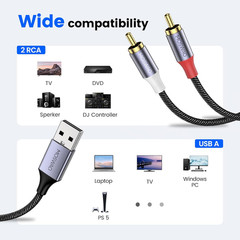USB to RCA Audio Cable, USB 2.0 Male to 2 RCA Male Stereo Audio Cable
