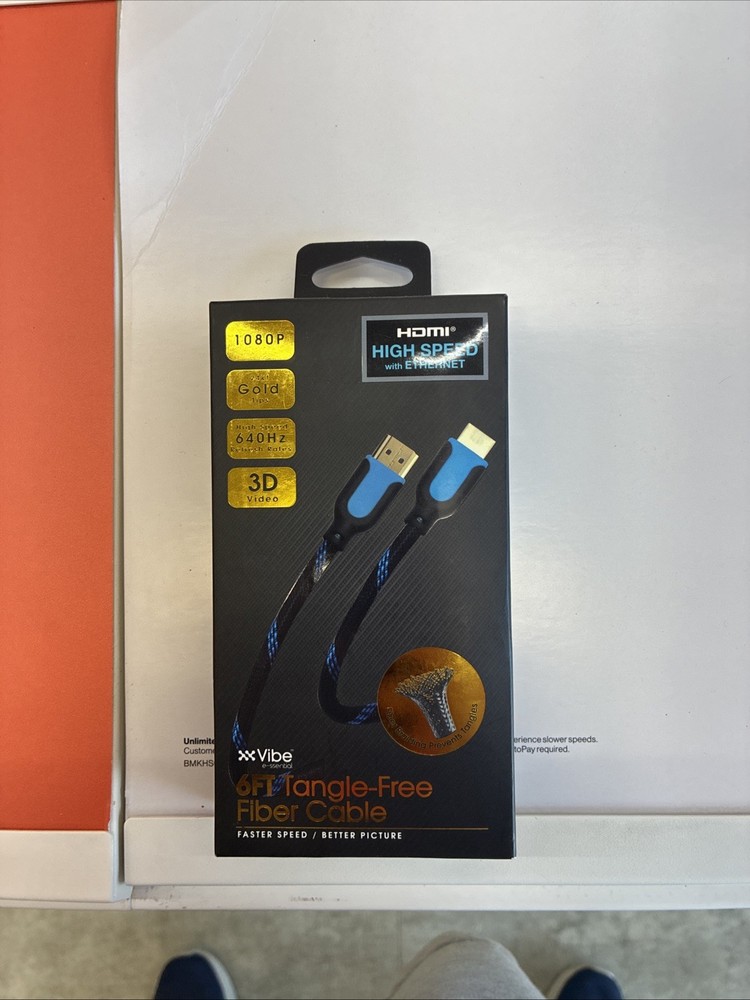 VIBE 6ft Tangle-Free Fiber Cable HDMI 1080 High Speed w/Ethernet 1080P 3D Video