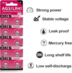 10x 1.55V Alkaline AG3/LR41 Button Cell Batteries – Mercury-Free Power Source