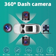 360 Degree 4 Lens 1080P Car Dash Cam Front Rear Inside Side DVR 64GB Memory Card