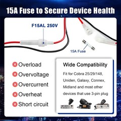 CB Radio Power Cord 3Pin Conector 16AWG Wire w/ 15A Fuse For Cobra Uniden Connex