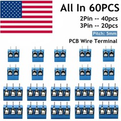 60pcs 5mm Pitch Pole PCB Mount Screw Terminal Block Kit KF301-2/3-Pin