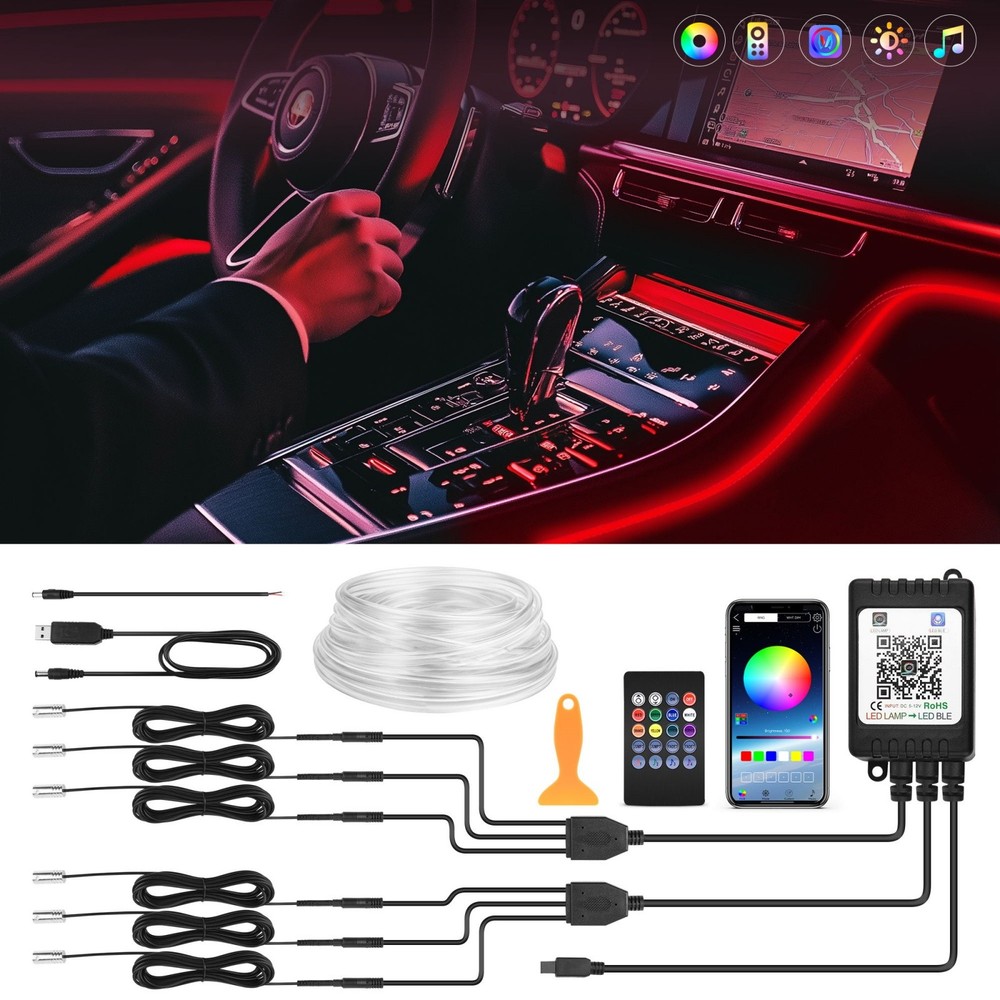 MICTUNING RGB 6 in 1 LED Car Interior Ambient Lights Strips Kit Wireless Control
