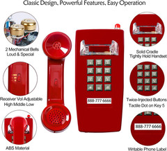 Traditional Red Wall Phones for Landline Mechanical Ringing, Classic 2554 Wall T